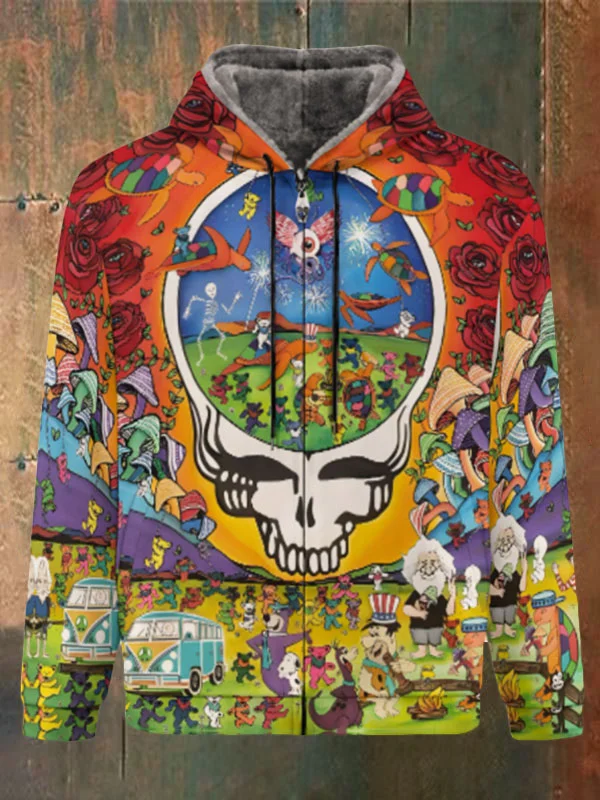 Unisex Skull Bear Print Double Layer Fleece Zip-Up Hooded Jacket