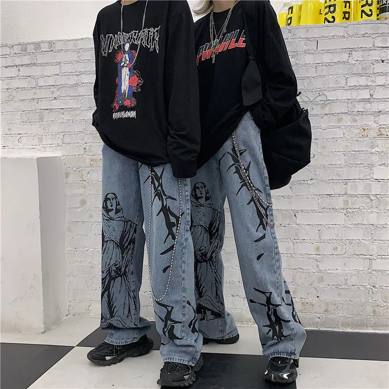 Jangj Punk Graphic Print Blue Jeans Chain Women EmoAlt Clothes Grunge Fairy Wide Leg Denim Aesthetic Pants Harajuku Hippie Cyber Pants