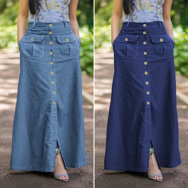 Plus Size Buttons Down High Elastic Waisted A -Line Skirts Womens Vintage Denim Maxi Skirts Floor Length Dress - Shop Trendy Women's Clothing | LoverChic