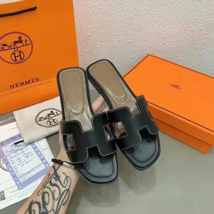 High Version H Home Slippers Women 2023 Summer New Beach Genuine Leather Flat Sandals Women Casual Outdoor Slippers