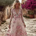 Boho Pink Roses Embroidered V Neck Flowy Maxi Dress - Image 2