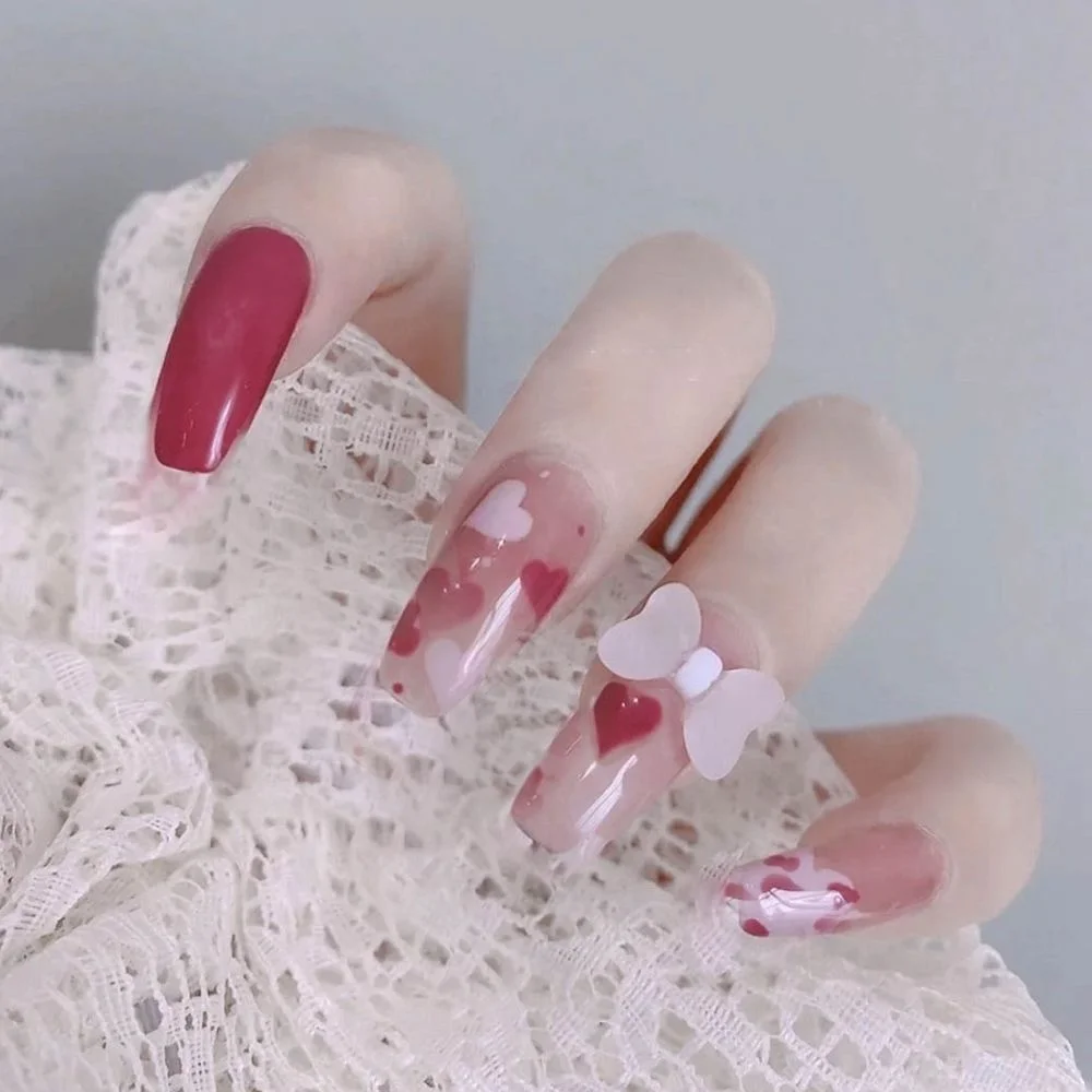 24Pcs/Box Detachable Almond Pink And White False Nails Wavy Style Stiletto Fake Nails Ballerina Coffin Full Cover Manicure Tool 406-Nail Inspo