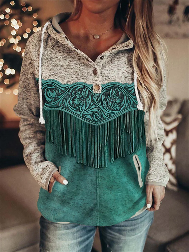 Western Floral Leather Art Cozy Button Up Hoodie