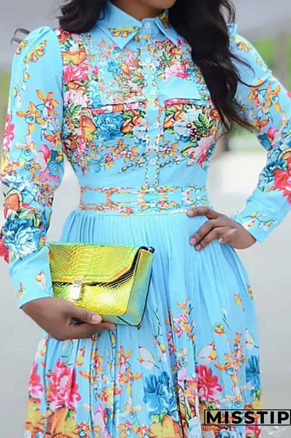Light Blue Fashion Sexy Regular Sleeve Long Sleeve Turndown Collar Pleated Knee Length Print Dresses