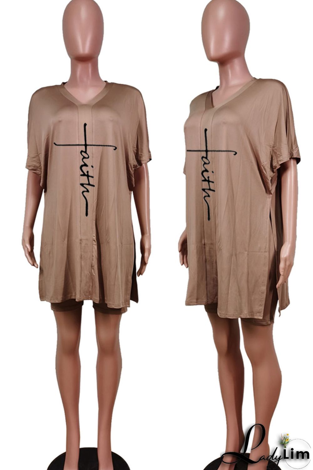 Tangerine Red Casual Print Split Joint V Neck Short Sleeve Two Pieces