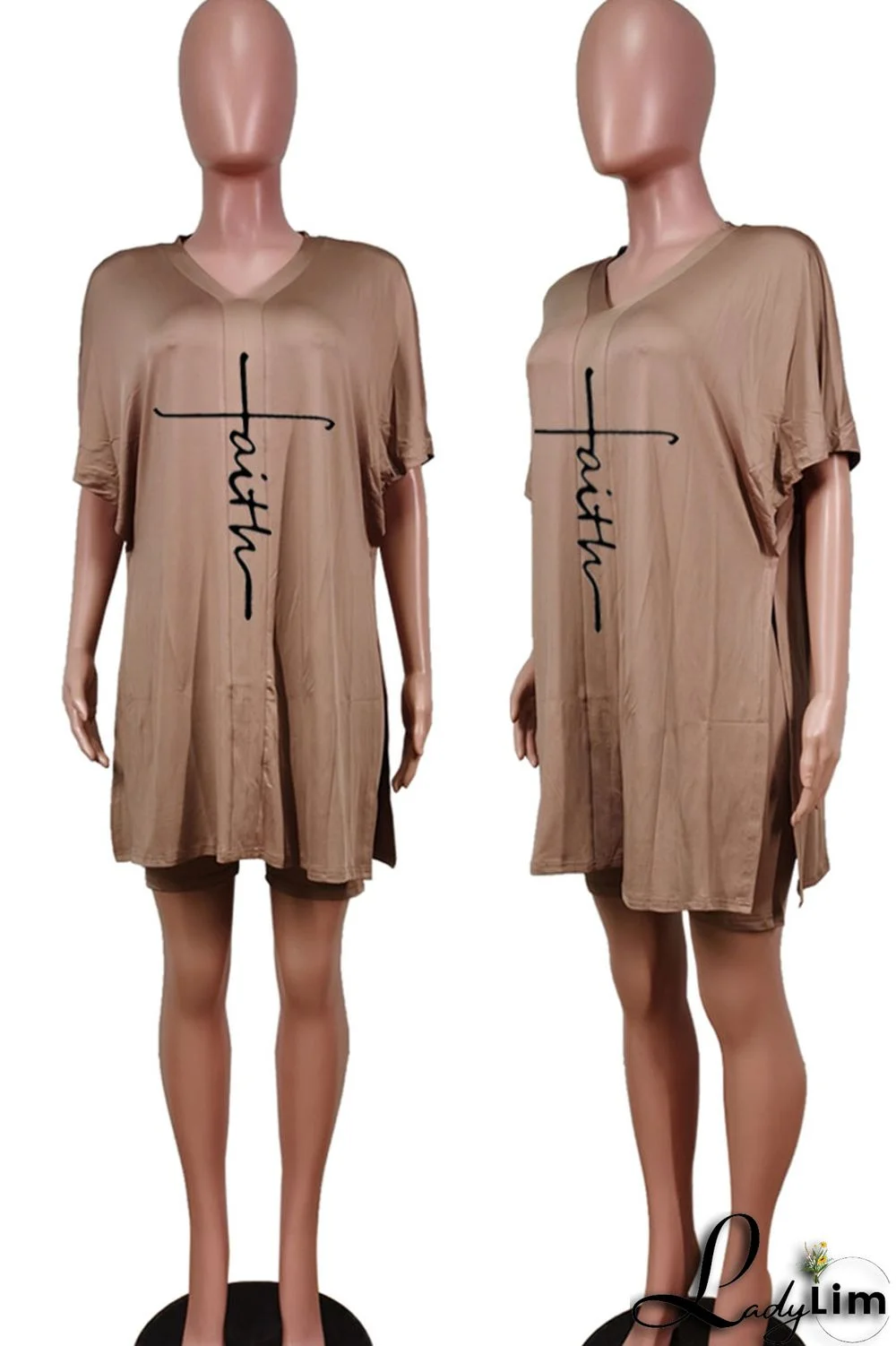 Tangerine Red Casual Print Split Joint V Neck Short Sleeve Two Pieces