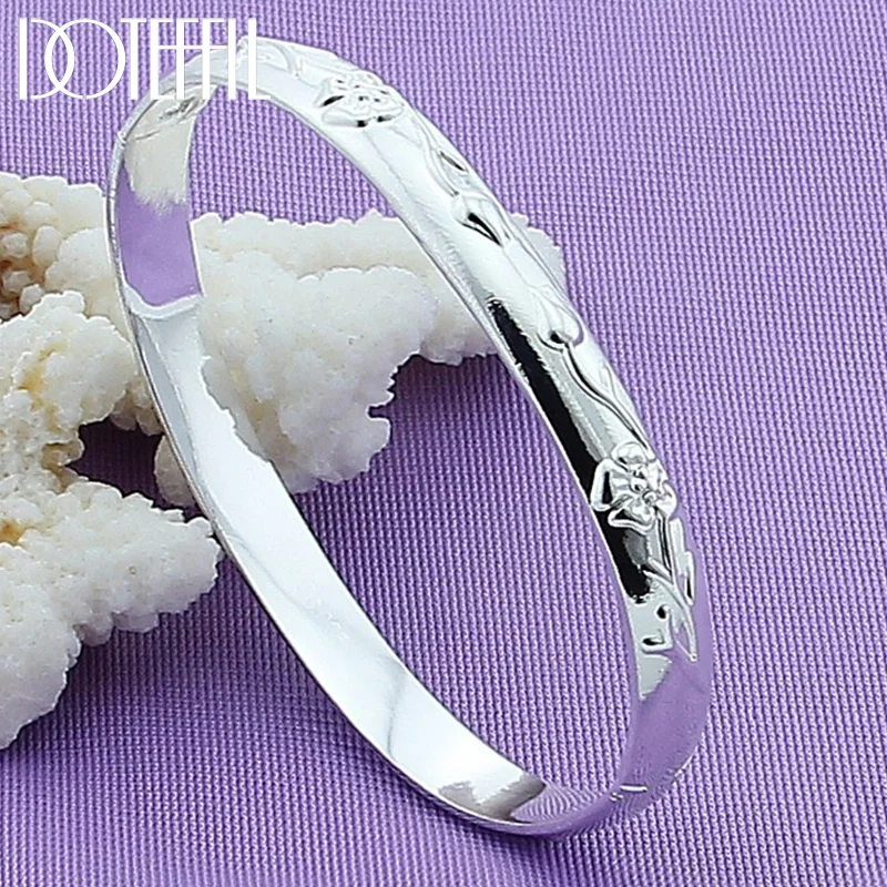 DOTEFFIL 925 Sterling Silver Women Bracelet 925 Silver Simple Circle Flower Rose Cuff Bangle Bracelet Jewelry