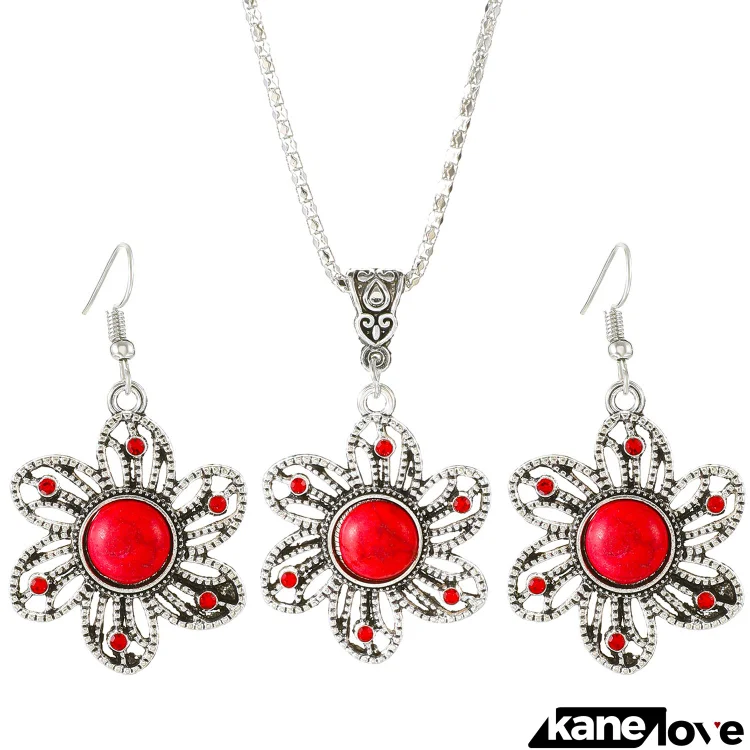 Women Vintage Fashion Cutout Sunflower Green Necklace Earrings Set