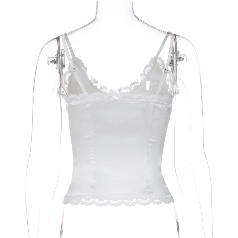 Ootddress Lace Casual Female Camisole Y2k Top V-Neck High Waist Streetwear White Backless Patchwork See-Through Women Tank Top Vest