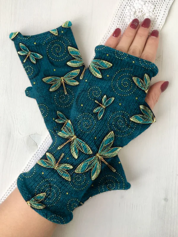 Retro dragonfly printed knit fingerless gloves