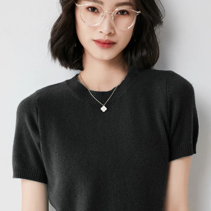 Churchf Churchf Female Round Collar Loose T-Shirt Inside Build Sweater Spring Autumn Base Outside Wear Short Sleeve Hair