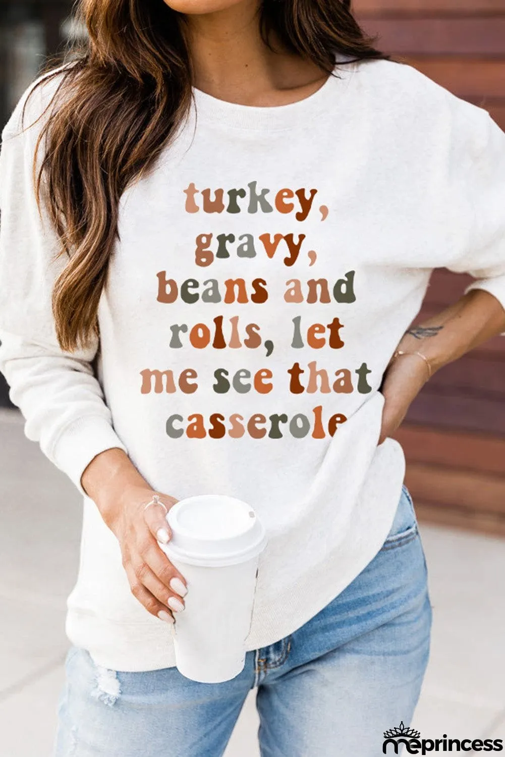 Thanksgiving Letter Graphic Print Long Sleeve Sweatshirt