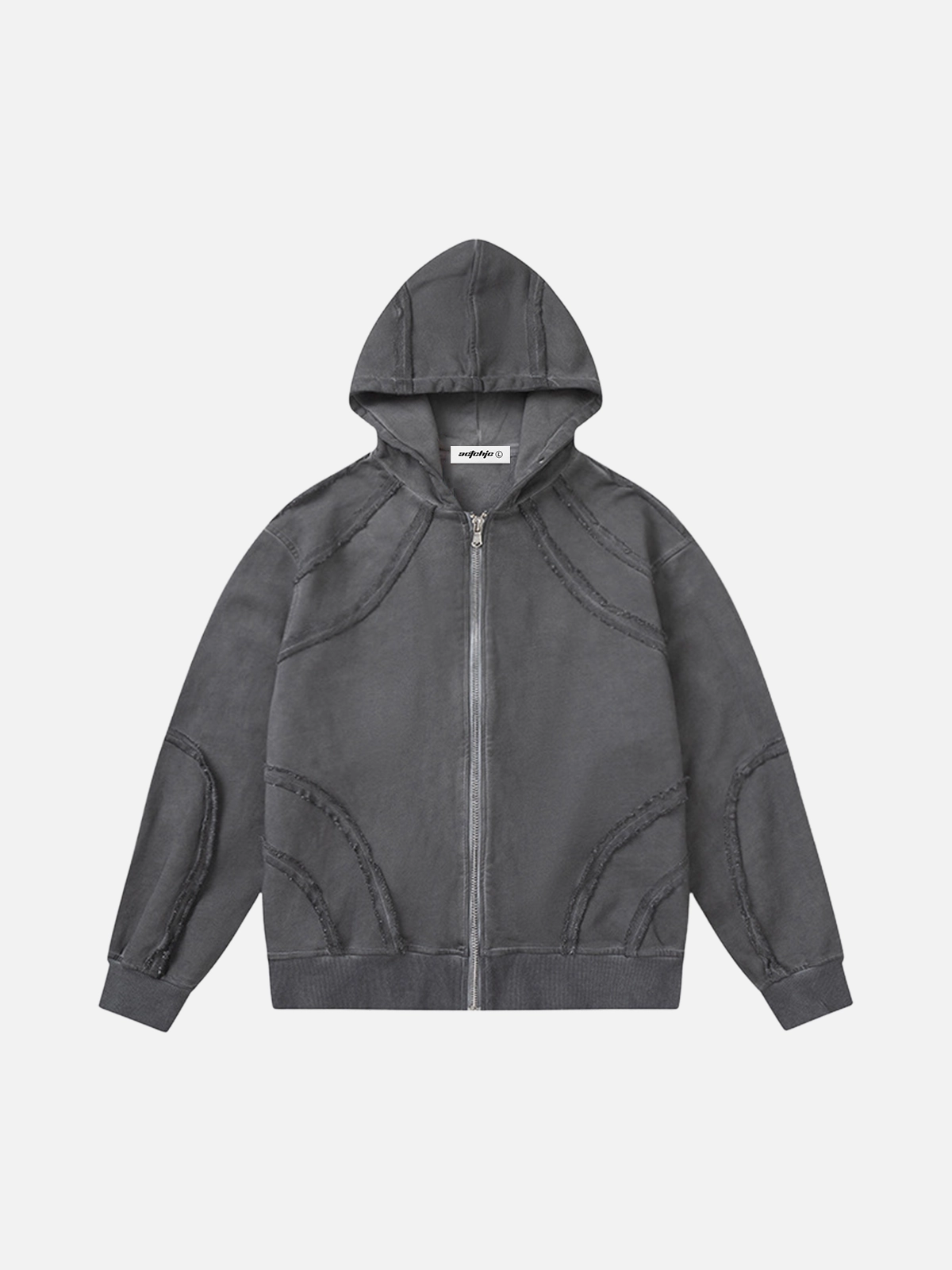 Grey Wasteland Style Fringe Patchwork Zip Up Hoodie Front