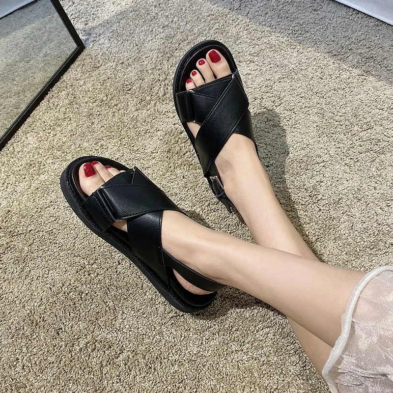 Breakj Breakj Summer New Korean Version Of Casual Cross-Word Dew-Sleeve Thick-Soled Flat Sandals Women's Shoes Roman Shoes