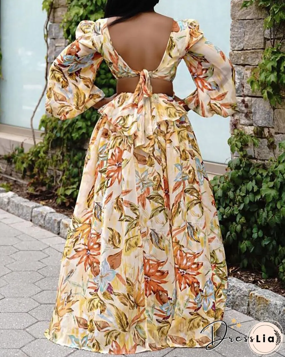 Leaf Floral Print Puff Lantern Sleeve Maxi Dress