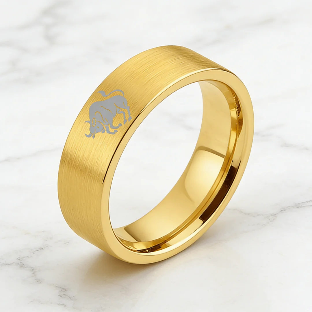 Taurus Tungsten Carbide Rings Gold Flat Wedding Band Comfort Fit Men and Women 4MM 6MM 8MM 