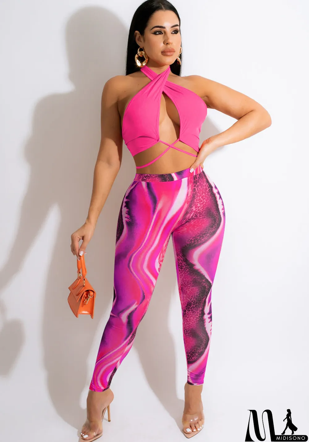 MidiSono - Women Summer Rose Sexy Halter Sleeveless High Waist Printed Lace Up Regular Two Piece Pants Set