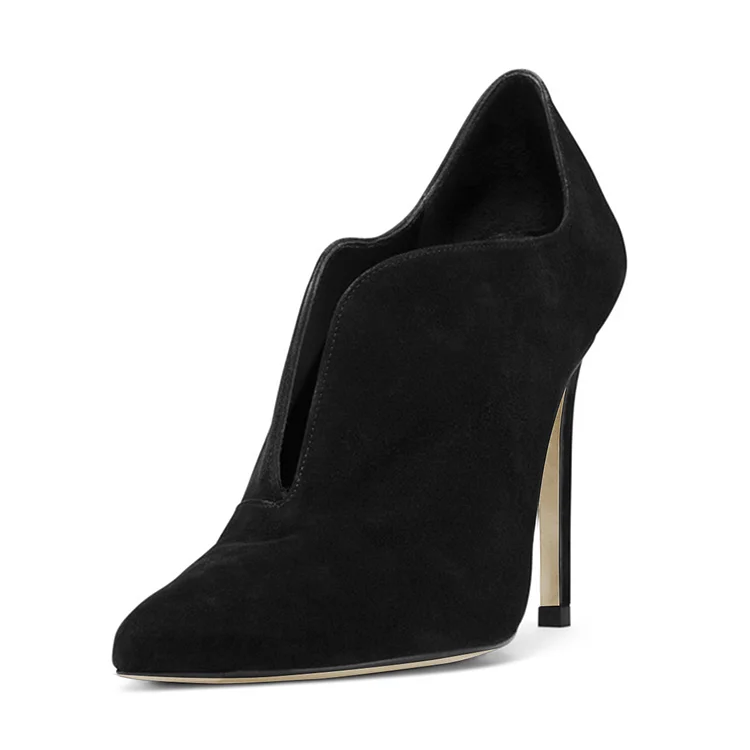 Black Stiletto Boots Suede Pointy Toe Heeled Booties for Work |FSJ Shoes
