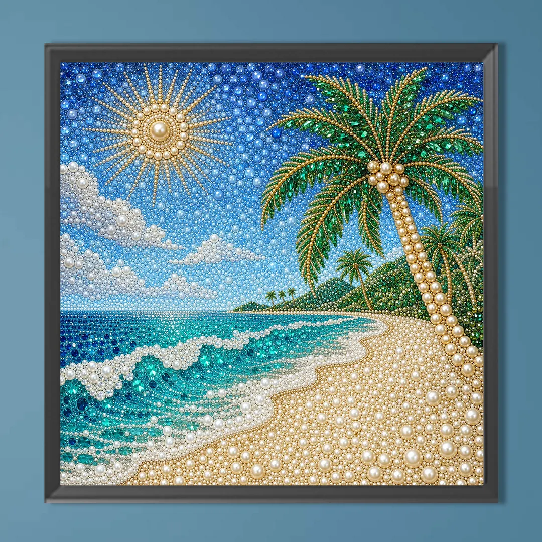 Summer Beach Pearl Full DIY 5D Round Drill Gem Art Diamond Painting Kits 15.75x15.75 in Diamond Dots Paintings Picture Arts Craft Diamond Art Kits for Adults Beginner Home Wall Decor