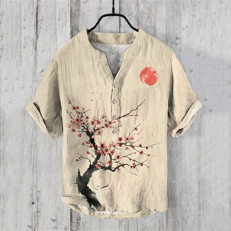 Japanese Cherry Blossoms And Sunset Art Print Henry Collar Shirt