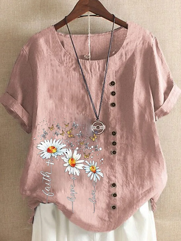 Retro cotton linen daisy flower loose casual shirt short sleeve women socialshop