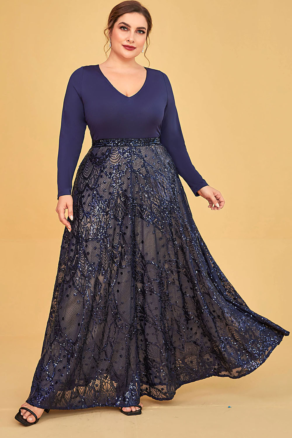 Flycurvy Plus Size Formal Navy Blue Sequin Lace Embroidery Long Sleeve Tunic Maxi Dress 2024 - Flycurvy 
