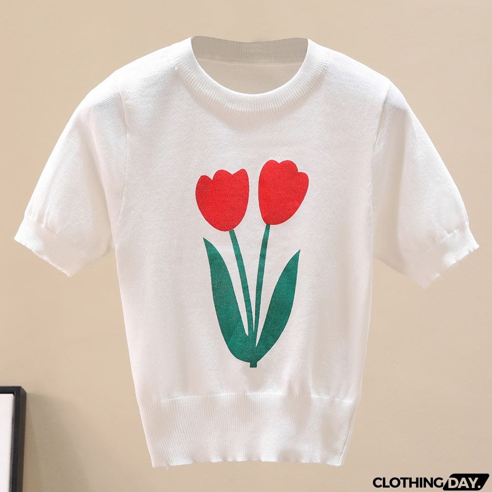 Flower Graphic Ribbed Trim Knit Top