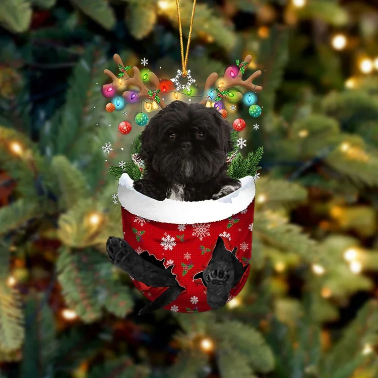 BLACK Shih Tzu In Snow Pocket Christmas Ornament trabladzer