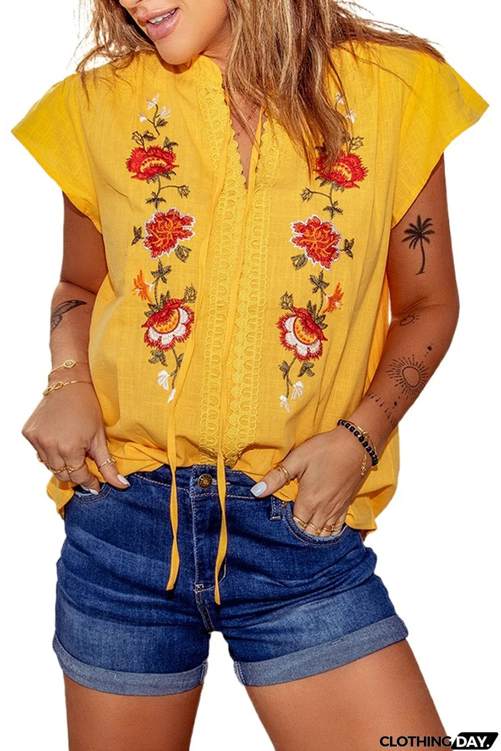 Yellow Floral Embroidered Top
