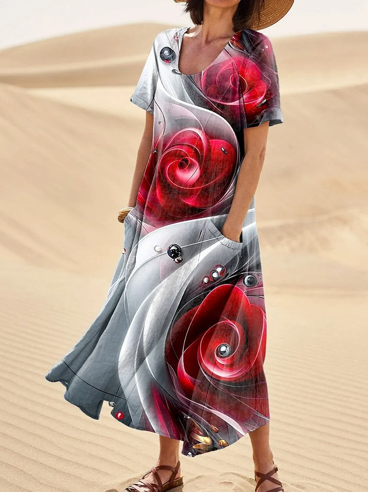 Red Roses Art Printed Women's Linen Pocket Dress
