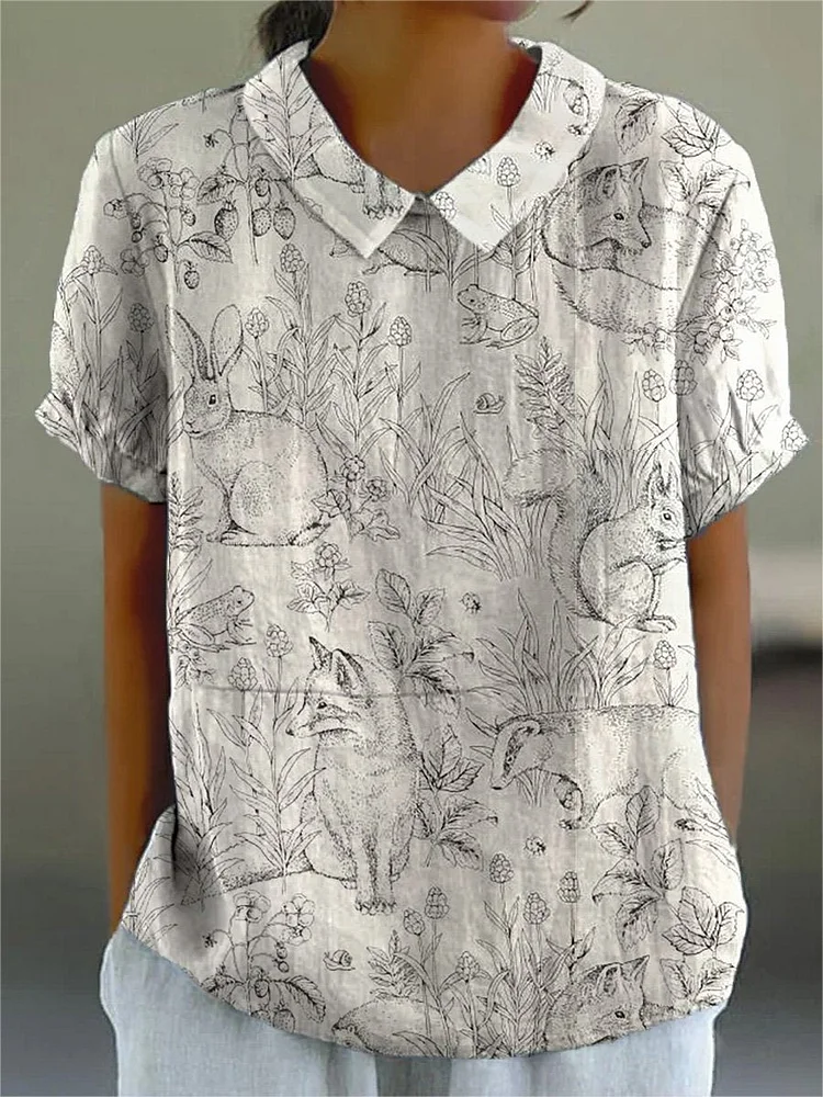 Line Sketch Woodland Animals Repeat Pattern Printed Women's Casual Cotton And Linen Shirt