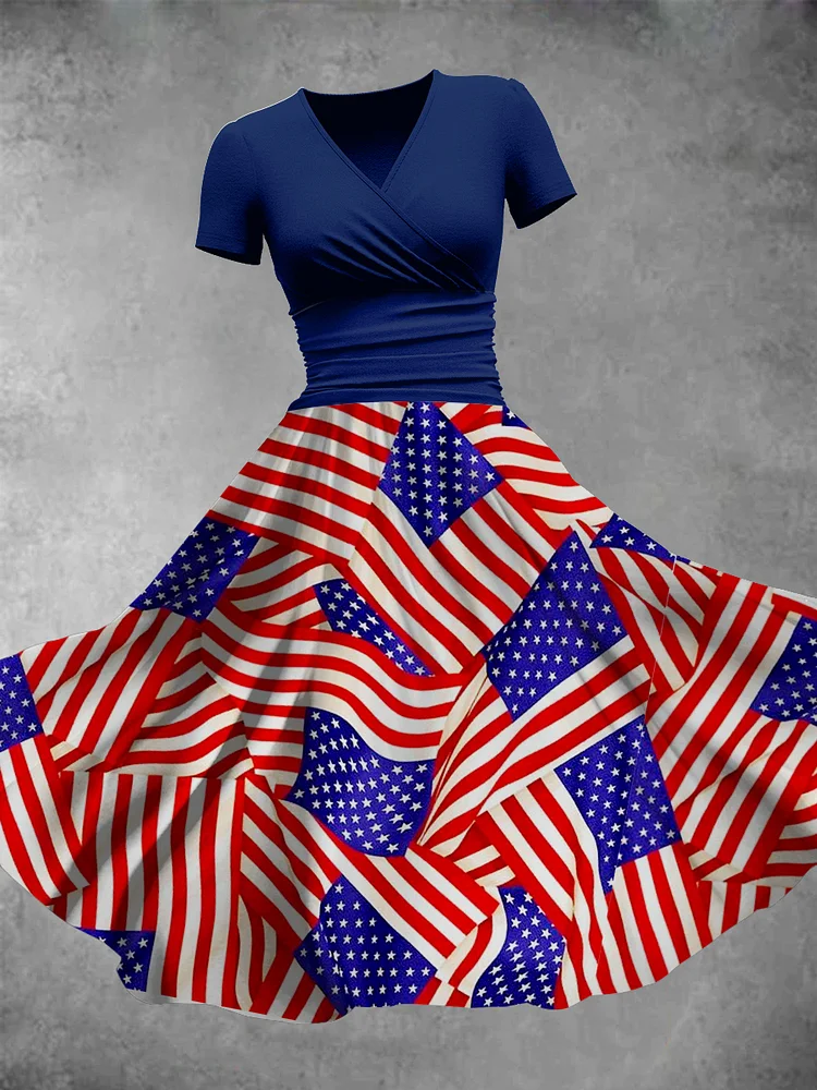 Women's American Flag Print Color Block Dress