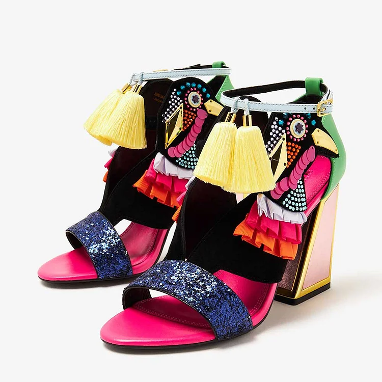 Multi Color Bird Flared Heel Ankle Strap Summer Sandals with Tassels |FSJ Shoes