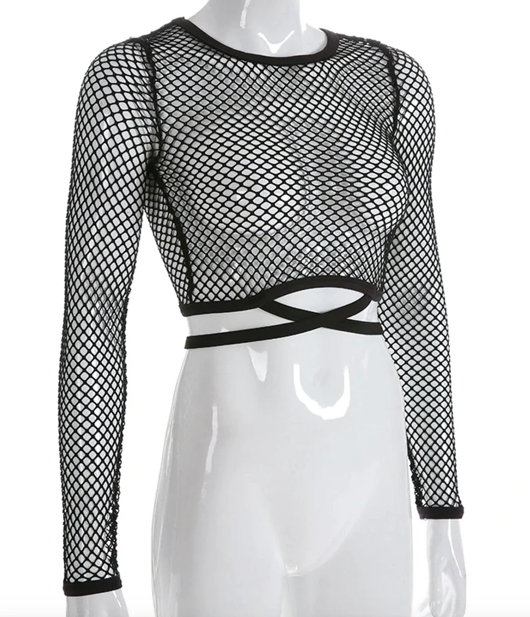 Fishnet Crop Top Long with Sleeve in Black