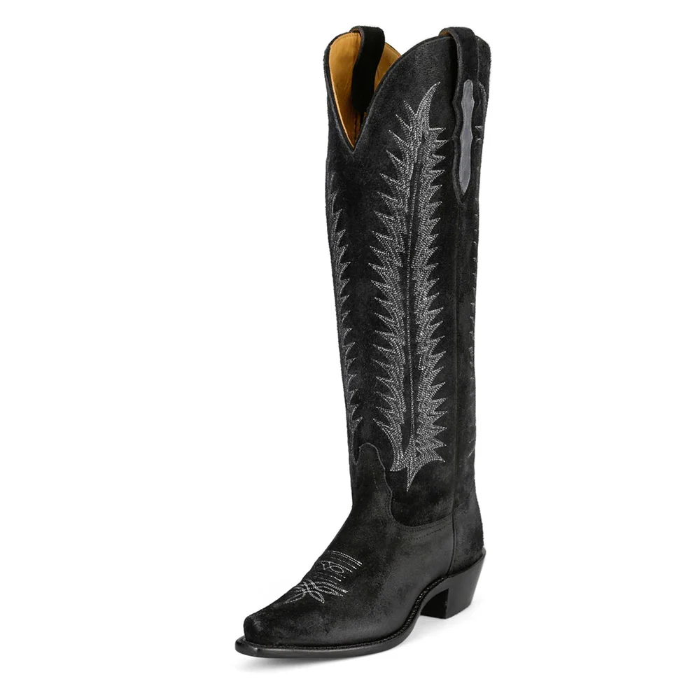 Black Snip Toe Chunky Heel Cowgirl Tall Boots with Embroidery
