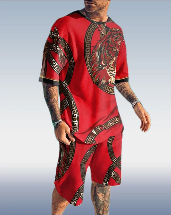 Men's Tiger Print Short Sleeve TwoPiece Set 3 Colors