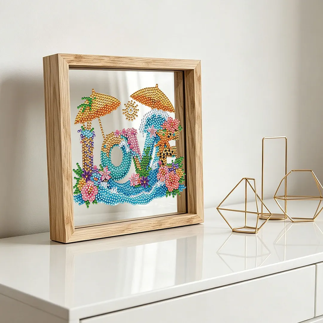 Beach Love DIY Special Shaped Drill Wooden Diamond Painting Tabletop Ornaments Kit with Photo Frame Desktop Diamond Art Kits Double-Sided Pattern for Adults/Beginners Home Decor