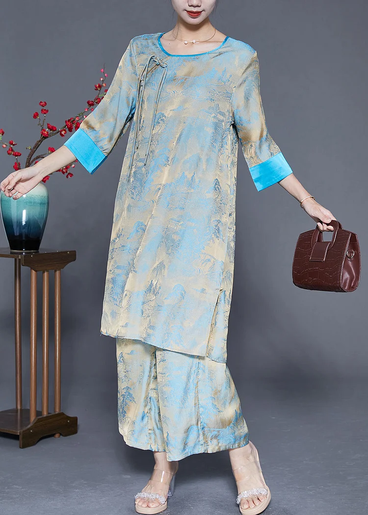 Plus Size Sky Blue Tassel Patchwork Print Silk Oriental Two Piece Set Outfits Summer