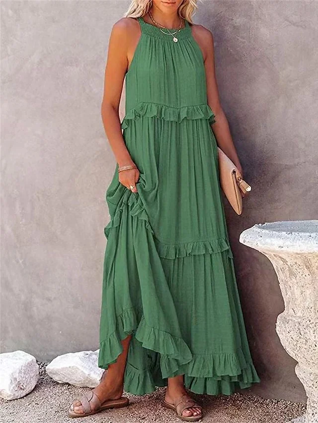 Uveng Style Ruffled Long Dress Wide Hem Dresses