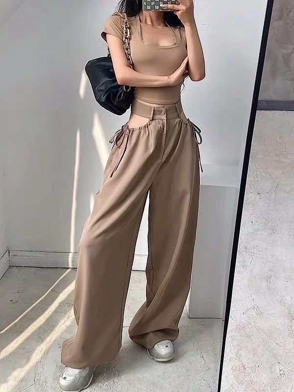 Elegant Solid Color Cutout Drawstring Loose Pants