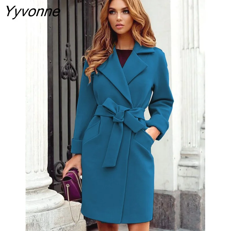 Yyvonne Office Lady Woolen Women's Coat Warm Jackets Outwear Top With Belt Outdoor Party Turndown Collar Long Overcoat Winter