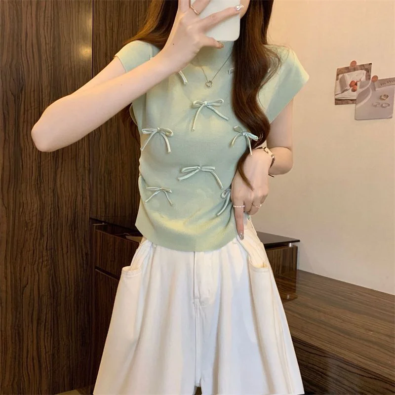 Uveng Uveng Wind Gentle Niche Bow High-Neck Short Sleeve New T-Shirt Summer Slimming Short Blouses Ins