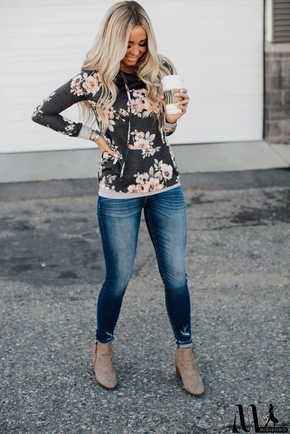 MidiSono - Floral Hoodie with Kangaroo Pocket