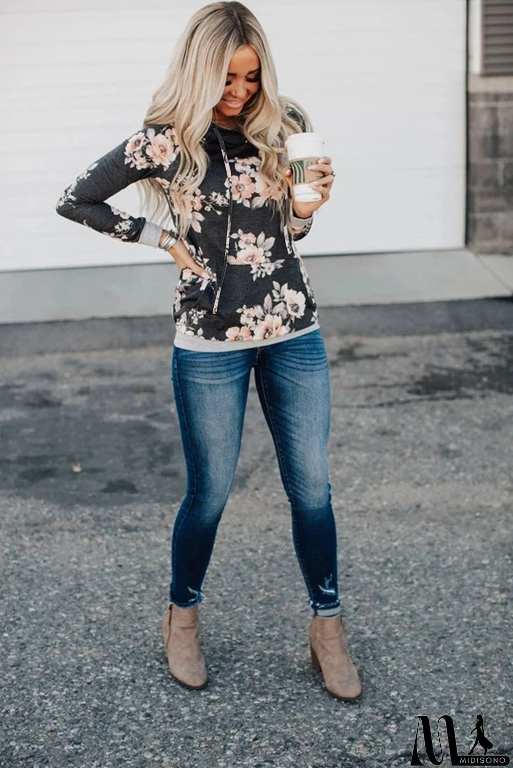 MidiSono - Floral Hoodie with Kangaroo Pocket