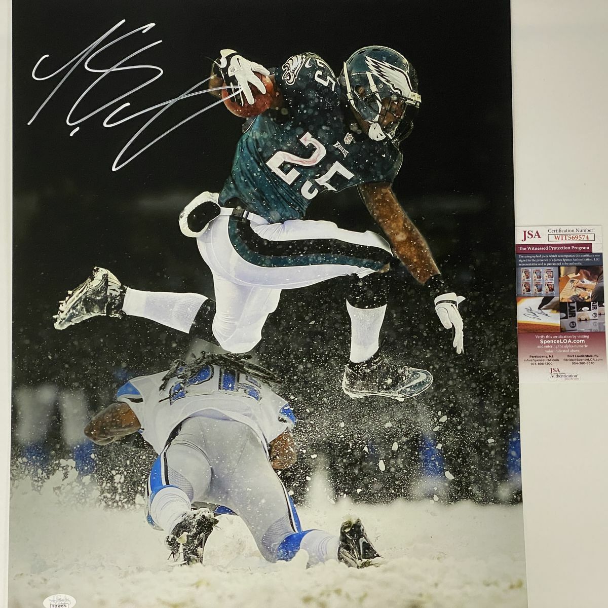 Autographed/Signed LESEAN MCCOY Eagles Snow Bowl 16x20 Football Photo Poster painting JSA COA