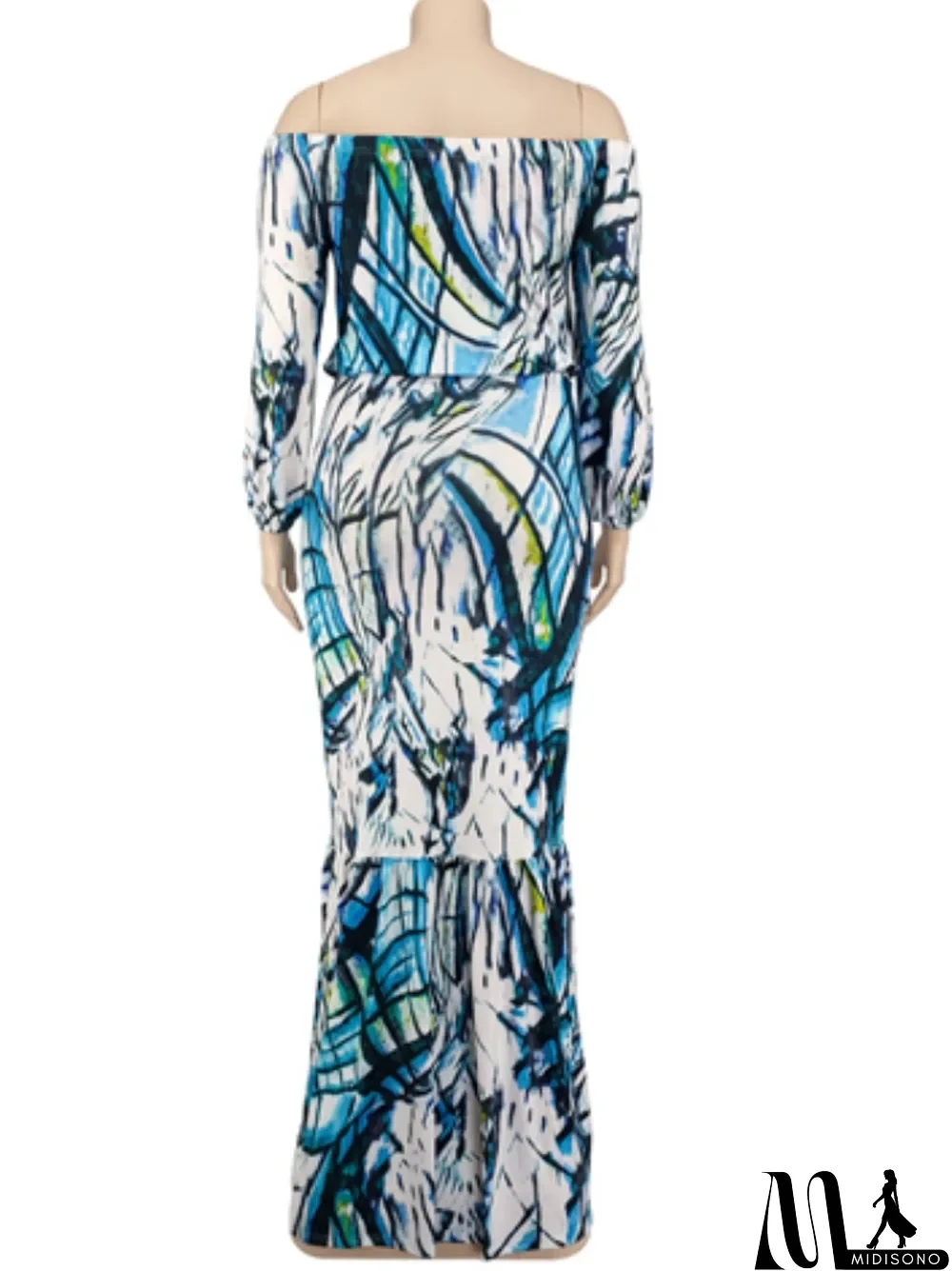 MidiSono - Autumn Plus Size Printed White Off Shoulder Puff Sleeve Long two piece skirt set