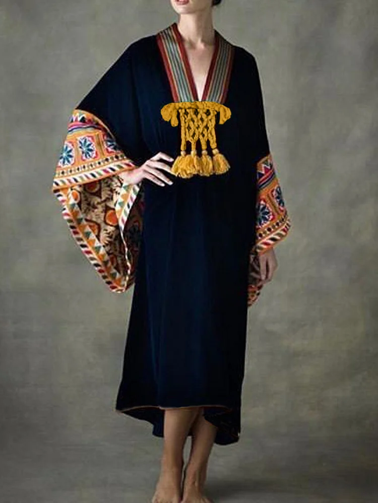 Retro Deep V Neck Ethnic Fringed Long Sleeve Midi Dress