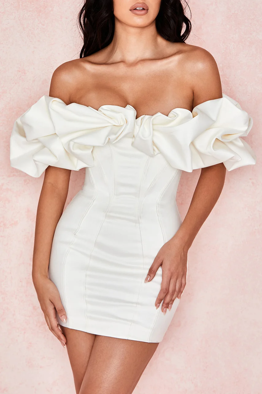 Fluffy Ruffles Satin Off Shoulder Sweet Mini Dress