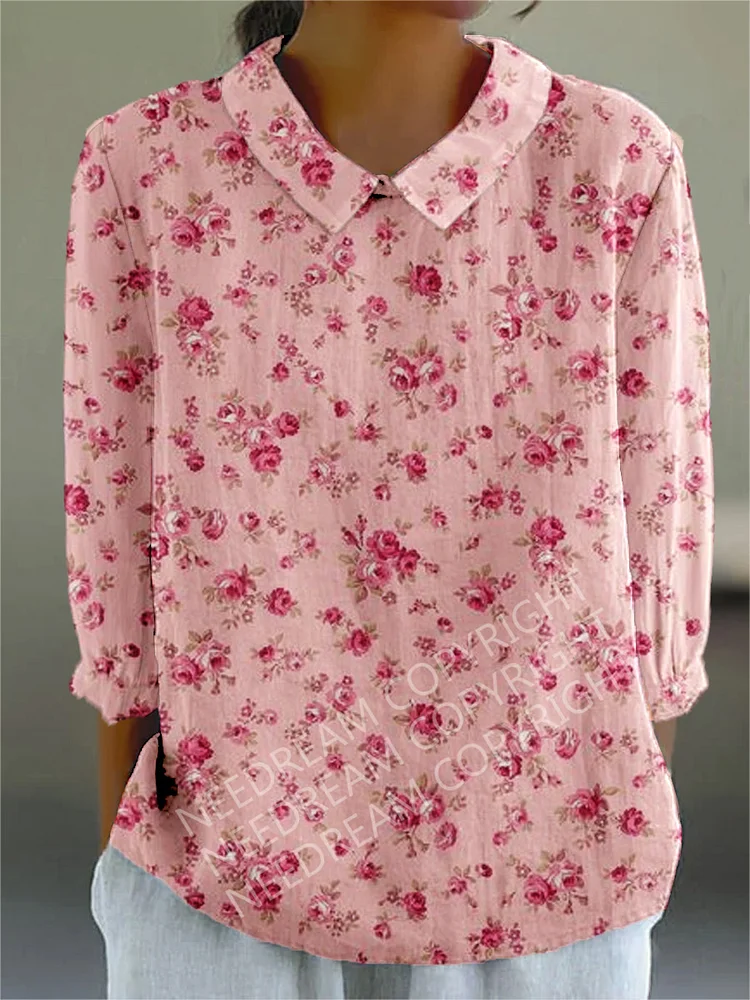 Womens Elegant Small Flower Casual Cotton And Linen Top