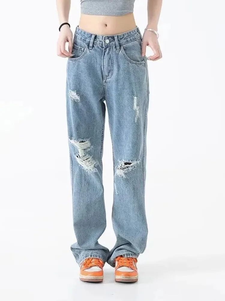 Dabasmedia Perforated Jeans, Summer Thin High Street Trendy Brand, Handsome And Loose Fitting Straight Casual Sports Pants, Women's Jeans